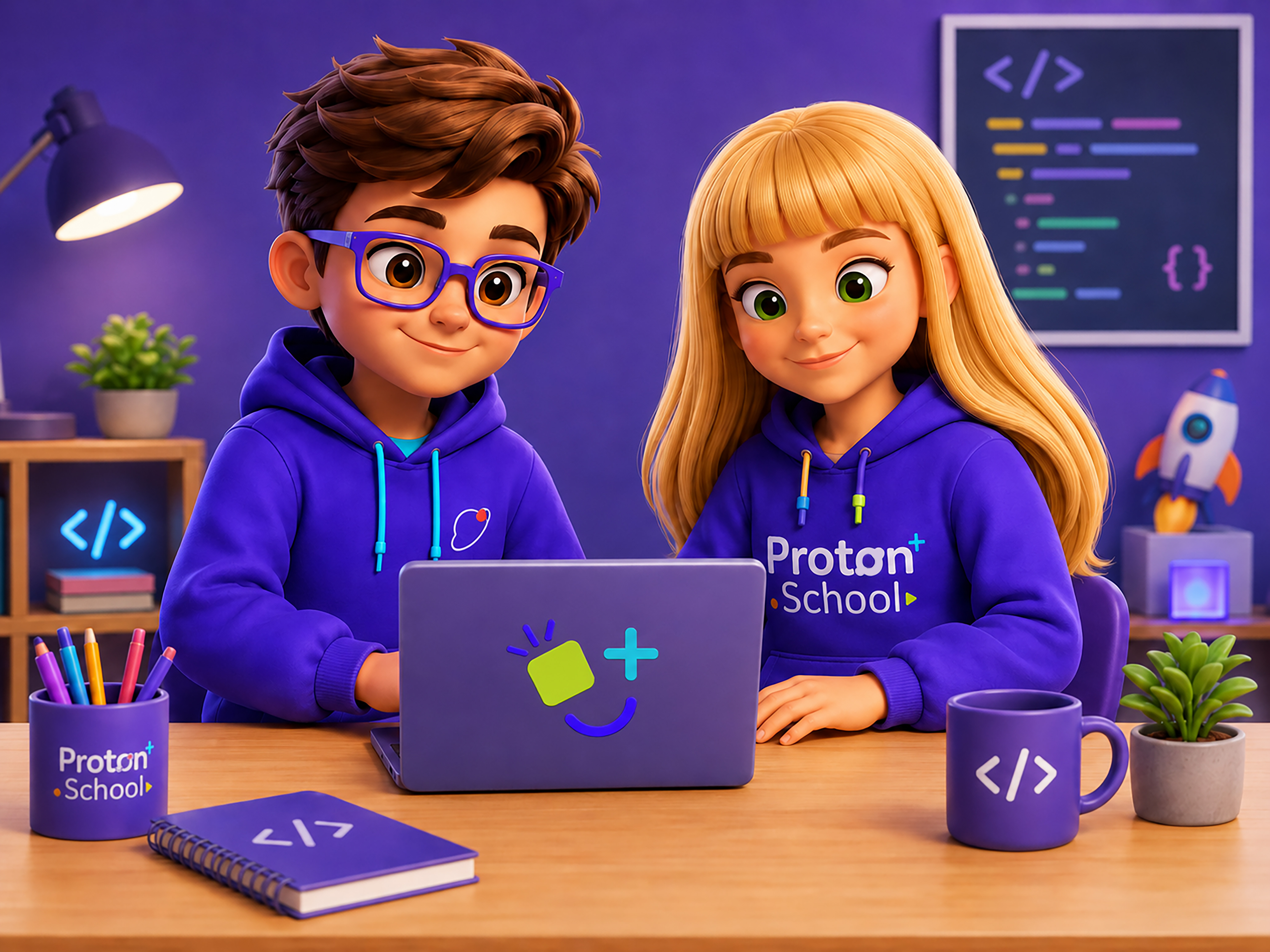 Dy fëmijë duke koduar bashkë në një laptop në Proton School